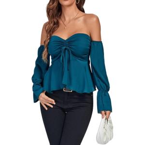 imageLYANER Womens Off Shoulder Drawstring Pleated Hem Long Sleeve Crop Blouse Shirt TopTeal