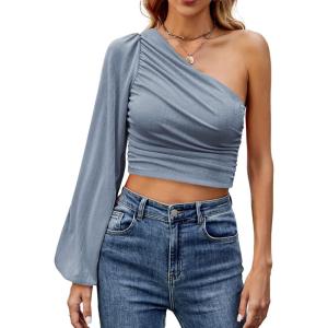 imageLYANER Womens Ruched One Shoulder Lantern Long Sleeve Crop Blouse Shirt TopDusty Blue