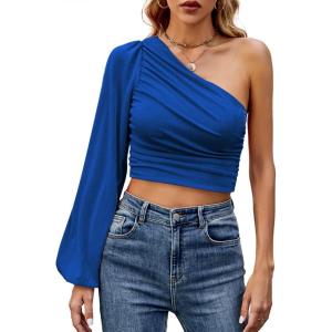 imageLYANER Womens Ruched One Shoulder Lantern Long Sleeve Crop Blouse Shirt TopRoyal Blue