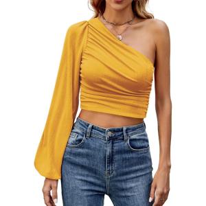 imageLYANER Womens Ruched One Shoulder Lantern Long Sleeve Crop Blouse Shirt TopYellow