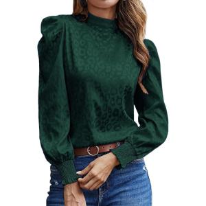 imageLYANER Womens Satin Mock Neck Puff Long Sleeve Keyhole Work Blouse TopDark Green