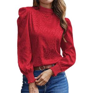 imageLYANER Womens Satin Mock Neck Puff Long Sleeve Keyhole Work Blouse TopRed