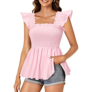 imageLYANER Womens Square Neck Ruffle Cap Sleeve Smocked Peplum Top Babydoll Shirred Blouse Cami TankLight Pink