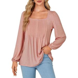 imageLYANER Womens Square Neck Tunic Top Puff Long Sleeve Pleated Flowy TShirtsDusty Pink