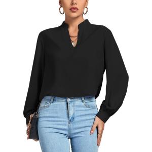 imageLYANER Womens V Neck Shirred Long Sleeve Office Elegant Tunic Blouse TopBlack