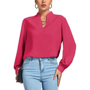 imageLYANER Womens V Neck Shirred Long Sleeve Office Elegant Tunic Blouse TopRose