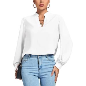 imageLYANER Womens V Neck Shirred Long Sleeve Office Elegant Tunic Blouse TopWhite