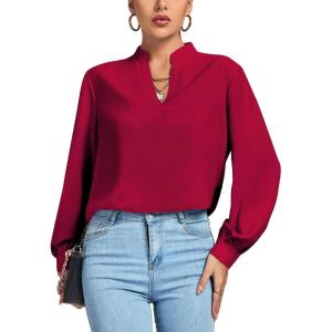 imageLYANER Womens V Neck Shirred Long Sleeve Office Elegant Tunic Blouse TopWine Red