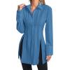 imageLYANER Womens Button Down Shirt Dress Collar V Neck Long Sleeve Slit Sexy Shirt DressesBlue