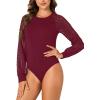 imageLYANER Womens Crew Neck Bodysuit Lace Hollow Out Long Sleeve Slim Fit Stretchy Leotards TopsBurgundy