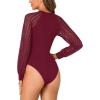 imageLYANER Womens Crew Neck Bodysuit Lace Hollow Out Long Sleeve Slim Fit Stretchy Leotards TopsBurgundy
