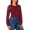 imageLYANER Womens Crew Neck Bodysuit Lace Hollow Out Long Sleeve Slim Fit Stretchy Leotards TopsBurgundy