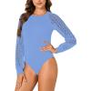 imageLYANER Womens Crew Neck Bodysuit Lace Hollow Out Long Sleeve Slim Fit Stretchy Leotards TopsSky Blue