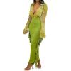imageLYANER Womens Fringed Side Tassels Elastic Waist Slim Bodycon Pencil Maxi SkirtsSolid Green