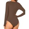 imageLYANER Womens Henley Shirts Long Sleeve Bodysuit V Neck Button Down Body Suit Leotard TopsDark Brown