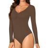 imageLYANER Womens Henley Shirts Long Sleeve Bodysuit V Neck Button Down Body Suit Leotard TopsDark Brown