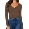 imageLYANER Womens Henley Shirts Long Sleeve Bodysuit V Neck Button Down Body Suit Leotard TopsDark Brown