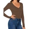 imageLYANER Womens Henley Shirts Long Sleeve Bodysuit V Neck Button Down Body Suit Leotard TopsDark Brown
