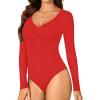 imageLYANER Womens Henley Shirts Long Sleeve Bodysuit V Neck Button Down Body Suit Leotard TopsRed