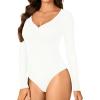 imageLYANER Womens Henley Shirts Long Sleeve Bodysuit V Neck Button Down Body Suit Leotard TopsWhite