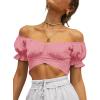 imageLYANER Womens Ruffle Short Sleeve Tie Up Back Crop Top Off Shoulder Bardot BlouseLight Pink