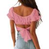 imageLYANER Womens Ruffle Short Sleeve Tie Up Back Crop Top Off Shoulder Bardot BlouseLight Pink