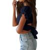 imageLYANER Womens Ruffle Short Sleeve Tie Up Back Crop Top Off Shoulder Bardot BlouseNavy Blue