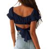 imageLYANER Womens Ruffle Short Sleeve Tie Up Back Crop Top Off Shoulder Bardot BlouseNavy Blue