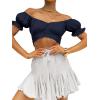 imageLYANER Womens Ruffle Short Sleeve Tie Up Back Crop Top Off Shoulder Bardot BlouseNavy Blue