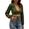 imageLYANER Womens Satin Wrap V Neck Criss Cross Tie Long Sleeve Crop Blouse TopArmy Green