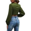 imageLYANER Womens Satin Wrap V Neck Criss Cross Tie Long Sleeve Crop Blouse TopArmy Green