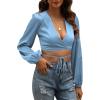 imageLYANER Womens Satin Wrap V Neck Criss Cross Tie Long Sleeve Crop Blouse TopAzure