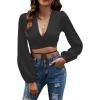 imageLYANER Womens Satin Wrap V Neck Criss Cross Tie Long Sleeve Crop Blouse TopBlack
