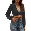 imageLYANER Womens Satin Wrap V Neck Criss Cross Tie Long Sleeve Crop Blouse TopBlack