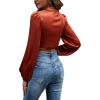 imageLYANER Womens Satin Wrap V Neck Criss Cross Tie Long Sleeve Crop Blouse TopBrown