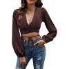 imageLYANER Womens Satin Wrap V Neck Criss Cross Tie Long Sleeve Crop Blouse TopDark Brown