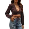 imageLYANER Womens Satin Wrap V Neck Criss Cross Tie Long Sleeve Crop Blouse TopDark Brown