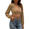 imageLYANER Womens Satin Wrap V Neck Criss Cross Tie Long Sleeve Crop Blouse TopDark Khaki