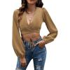 imageLYANER Womens Satin Wrap V Neck Criss Cross Tie Long Sleeve Crop Blouse TopDark Khaki