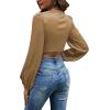 imageLYANER Womens Satin Wrap V Neck Criss Cross Tie Long Sleeve Crop Blouse TopDark Khaki