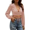 imageLYANER Womens Satin Wrap V Neck Criss Cross Tie Long Sleeve Crop Blouse TopDusty Pink