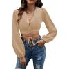 imageLYANER Womens Satin Wrap V Neck Criss Cross Tie Long Sleeve Crop Blouse TopKhaki