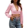 imageLYANER Womens Satin Wrap V Neck Criss Cross Tie Long Sleeve Crop Blouse TopLight Pink