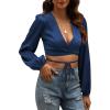 imageLYANER Womens Satin Wrap V Neck Criss Cross Tie Long Sleeve Crop Blouse TopNavy Blue