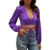 imageLYANER Womens Satin Wrap V Neck Criss Cross Tie Long Sleeve Crop Blouse TopPurple