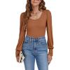 imageLYANER Womens Scoop Neck Puff Long Sleeve Tops Casual Basic Solid T Shirt Button Cuffs Pullovers Shirts BlouseCaramel