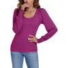 imageLYANER Womens Scoop Neck Puff Long Sleeve Tops Casual Basic Solid T Shirt Button Cuffs Pullovers Shirts BlousePurplish Red