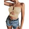 imageLYANER Womens Sexy Halter Ruched Criss Cross Cut Out Sleeveless Tie Back Cami Crop TopsKhaki