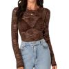 imageLYANER Womens Sexy Mesh Top Floral Long Sleeve See Through Shirt Lace Sheer BlousesDark Brown