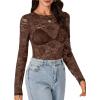imageLYANER Womens Sexy Mesh Top Floral Long Sleeve See Through Shirt Lace Sheer BlousesDark Brown